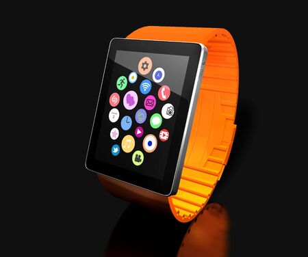 Smart watch. Creative business mobility and modern mobile wearable device technology concept. Color digital smart watch with colorful screen interface. 3D renderの写真素材