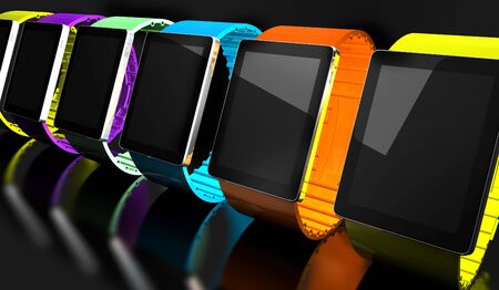 Smart watch. Creative business mobility and modern mobile wearable device technology concept. Color digital smart watch with colorful screen interface. 3D renderの写真素材