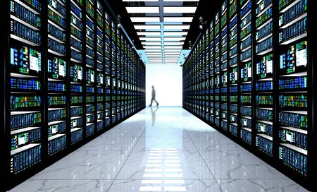 Internet technology connection, datacenter, Networking connectivity concept: terminal monitor in server roomの写真素材