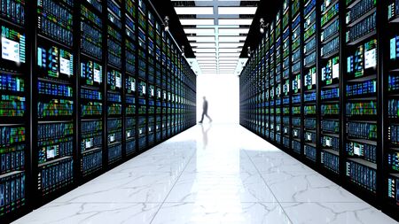 Internet technology connection, datacenter, Networking connectivity concept: terminal monitor in server roomの写真素材