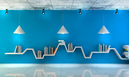 Modern interior room with a beautiful furniture. Minimalist bookshelf over dramatic concrete and wood background, modern art. 3d render.の写真素材
