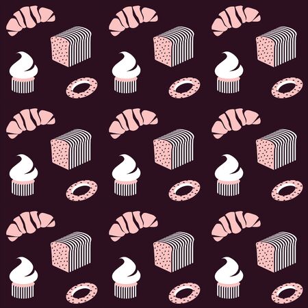 Bakery background. Bread, deserts, pastry collection. Bread house.のイラスト素材