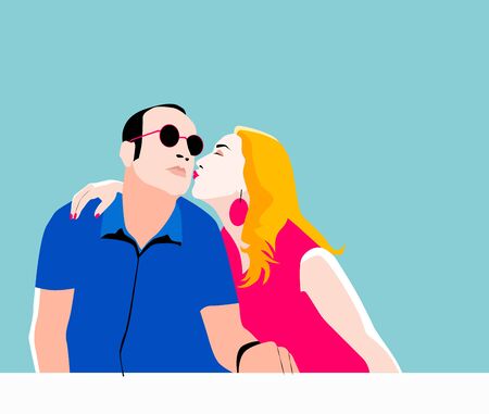 Hipster couple kissing. Happy teenagers dating. Vector illustration.