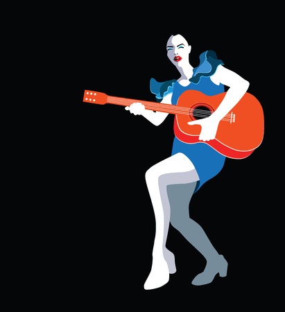 Young beautiful woman playing guitar, retro vintage vector illustrationのイラスト素材