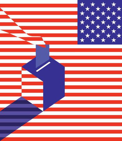 Voting concept. Hand putting vote in the ballot box over USA flag. Abstract vector illustrationのイラスト素材