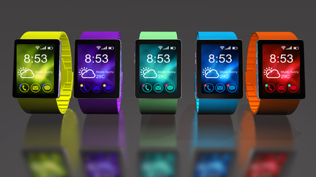 Smart watch isolated on white background. Creative business mobility and modern mobile wearable device technology concept. Color digital smart watch with colorful screen interface. 3D renderの写真素材