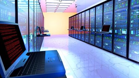 Creative business web telecommunication, internet technology connection, cloud computing and networking connectivity concept: terminal monitor in server room with server racks in datacenter. 3D renderの写真素材