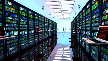 Creative business web telecommunication, internet technology connection, cloud computing and networking connectivity concept: terminal monitor in server room with server racks in datacenter. 3D renderの写真素材