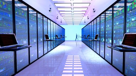 Creative business web telecommunication, internet technology connection, cloud computing and networking connectivity concept: terminal monitor in server room with server racks in datacenter. 3D renderの写真素材