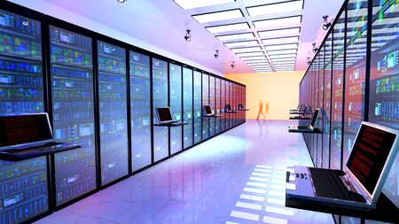 Creative business web telecommunication, internet technology connection, cloud computing and networking connectivity concept: terminal monitor in server room with server racks in datacenter. 3D renderの写真素材