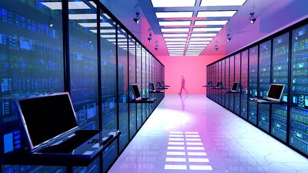 Creative business web telecommunication, internet technology connection, cloud computing and networking connectivity concept: terminal monitor in server room with server racks in datacenter. 3D renderの写真素材