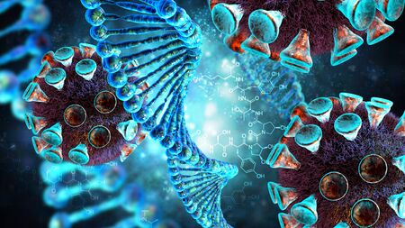 Woman with medical face mask. Concept of coronavirus quarantine in Europe. coronaviruses influenza as dangerous flu strain cases as a pandemic. Microscope virus close up. 3d rendering.の写真素材