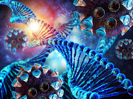 Coronavirus COVID-19 concept responsible for asian flu outbreak and coronaviruses influenza as dangerous flu strain cases as a pandemic. Microscope virus close up. 3d rendering.の写真素材