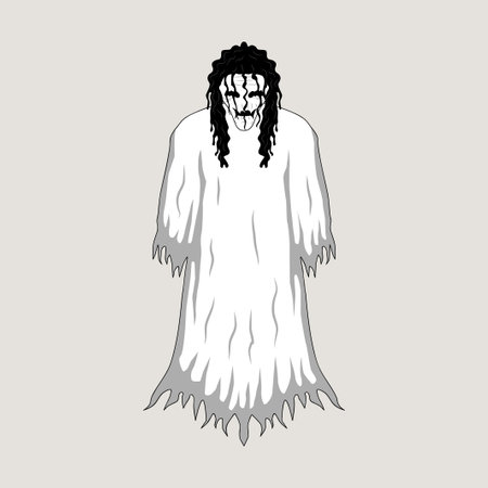 The character of the white lady ghost in this illustration, dressed in white with black wavy hair, exudes a haunting and mysterious appearance, with her eyes as sharp as the shadows of the night, creating a strong aura of fearのイラスト素材