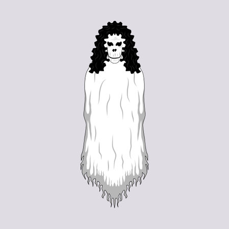 The character of the white lady ghost in this illustration, dressed in white with black wavy hair, exudes a haunting and mysterious appearance, with her eyes as sharp as the shadows of the night, creating a strong aura of fearのイラスト素材