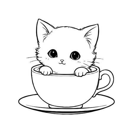 A cute kitten sitting inside a coffee cup, peeking out playfully. Perfect for a fun coloring activity that will delight children and cat lovers alike.のイラスト素材