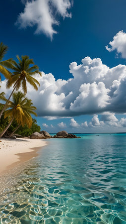 A picturesque tropical island with swaying palm trees, crystal-clear turquoise water, white sandy...