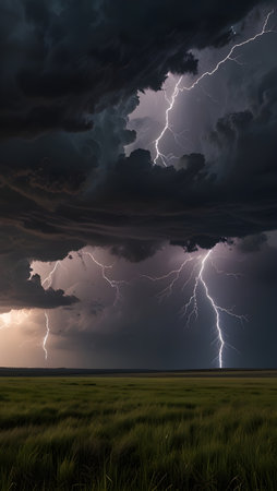 A vast open grassland under a dark and dramatic sky, with lightning bolts streaking across the...