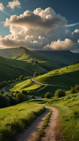 A winding road through a vibrant green valley, soft clouds in the sky, tranquil and uplifting.の写真素材