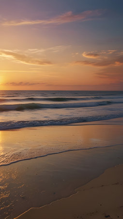 A serene beach with gentle waves and a glowing sunset, soft colors creating a peaceful and inspiring atmosphere.の写真素材