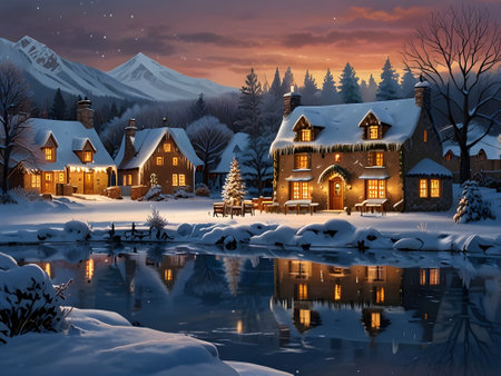 A picturesque village blanketed in snow, warm glowing lights from cottages, a frozen pond with ice skaters, and softly falling snowflakes, inviting and detailed.の写真素材