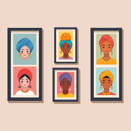 Minimal flat vector showing framed portraits of people with distinct cultural features and small symbolic elements like flowers or pots.のイラスト素材