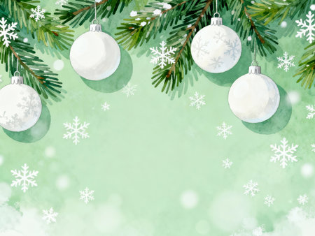 Soft and minimal festive composition with white ornaments and pine branches arranged neatly on a pastel green background.の写真素材