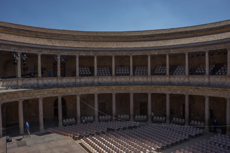 The Colosseum, columns and atrium of Alhambra palace, Granada, Spain, Europe on a bright sunny summer day with clear blue skyのeditorial素材