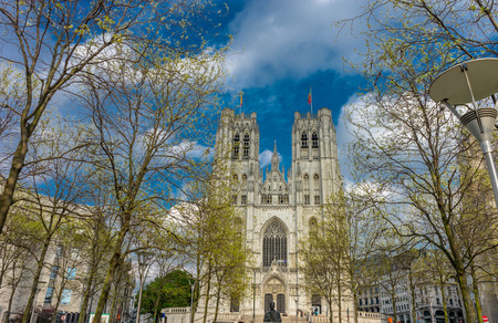 The Cathedral of St. Michael and St. Gudula at Brussels, Belgium, Europe on a bright summer day with blue skiesのeditorial素材