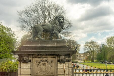 Sculpture of a lion at the entrance of the royal palace of Brussels, Belgium on a bright summer dayのeditorial素材