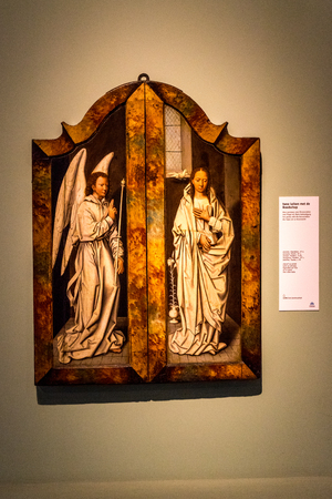 Brugge, Belgium - April 17 :  Vlaamse Painting of 2 angels talking to each other at Sint-Janshospitaal Brugge, Belgium, Europeの写真素材