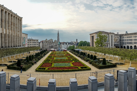 the Gardens of Mont des Arts and belfry of Town Hall ,Brussels, Belgium, Europe at sunset with beautiful cloudsのeditorial素材