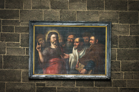 Ghent,Belgium - April 17 :  Painting of Jesus Christ on a brick wall in a church at Ghent, Belgium,...