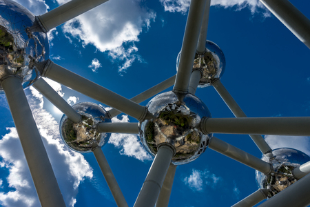 BRUSSELS, BELGIUM - 17 April 2017: Spherical balls representing the atomic structure at Atomium, Brussels, Belgium, Europeのeditorial素材