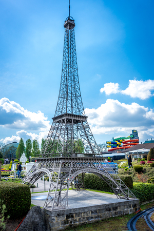 BRUSSELS, BELGIUM - 17 April 2017: Miniatures at the park Mini-Europe - reproduction of the Eiffel Tower in Paris, France, Europeのeditorial素材