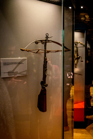 Ghent Belgium - April 15 : Medieval weapon, Cross bow displayed in the musuem inside Gravensteen castle in Ghent, Belgiumのeditorial素材