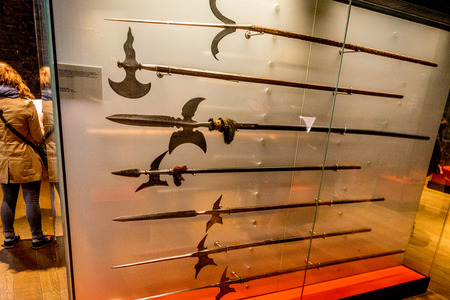 Ghent Belgium - April 15 : Medieval weapon, long sharp spear displayed in the musuem inside Gravensteen castle in Ghent, Belgiumのeditorial素材