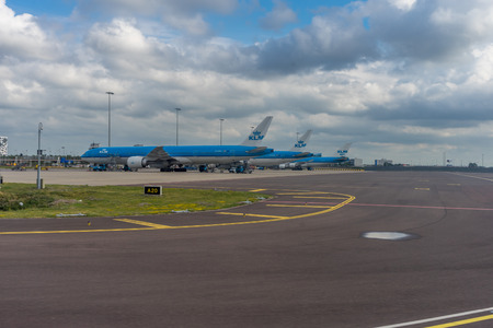 Schiphol,Netherlands - June 25, 2017 :  the KLM aircraft viewed from the aeroplane window during taxi after landing at schiphol airportのeditorial素材