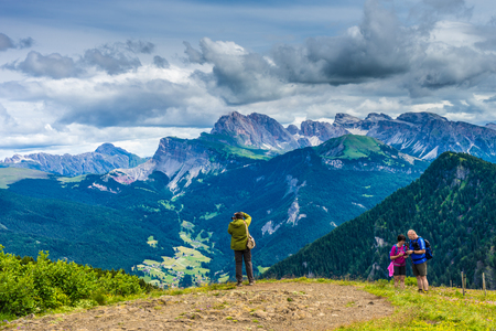 Seiser Alm, Italy - 29 June 2018: Tourists trekking of Seiser Alm, Alpe Di Siusi in Italyのeditorial素材