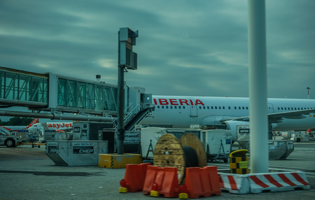 Venice, Italy - 01 July 2018: The Iberia and easyjet at Marco Polo airport in Venice, Italy