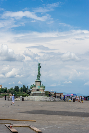 Florence, Italy - 25 June 2018: Toursists at the statue of Michelangelo David at Piazzale Michelangelo (Michelangelo Square) in Florence, Italyのeditorial素材