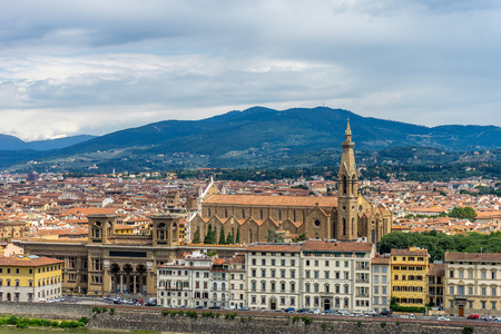 Florence, Italy - 25 June 2018: Basilica Santa Croce and Biblioteca Nazionale Central viewed from Piazzale Michelangelo (Michelangelo Square)のeditorial素材