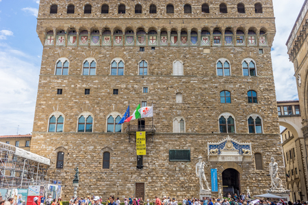 Florence, Italy - 25 June 2018: The Palazzo Vecchio at Piazza della Signoria in Florence, Italyのeditorial素材