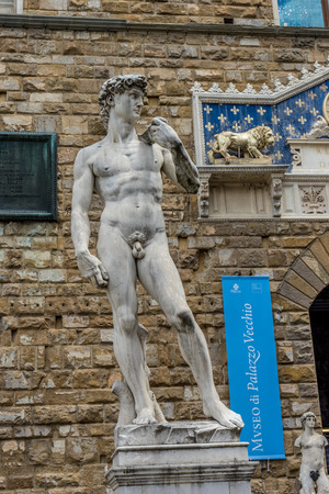 Florence, Italy - 25 June 2018: Statue of david at Palazza Vecchio, Piazza della Signoria at Loggia dei Lanzi in Florence, Italyのeditorial素材
