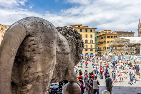 Florence, Italy - 25 June 2018:  Piazza della Signoria with the Medici Lion at Loggia dei Lanzi in Florence, Italyのeditorial素材