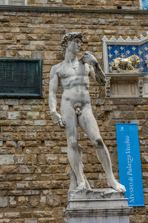 Florence, Italy - 25 June 2018: Statue of david at Palazza Vecchio, Piazza della Signoria at Loggia dei Lanzi in Florence, Italyのeditorial素材
