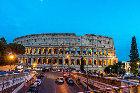 Rome, Italy - 24 June 2018: Night at the Great Roman Colosseum (Coliseum, Colosseo), also known as the Flavian Amphitheatre with lights & illumination.のeditorial素材
