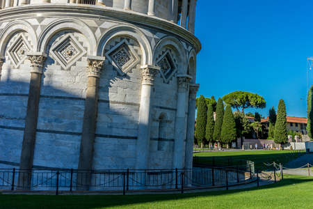 Pisa, Italy - 25 June 2018: The base of leaning tower of pisa at Piazza del Miracoli Duomo square,Camposanto cemetery in Tuscany, Italyのeditorial素材
