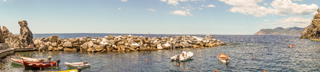 Manarola, Cinque Terre, Italy - 26 June 2018: Boats docked at the cove of Manarola, Cinque Terre, Italyのeditorial素材
