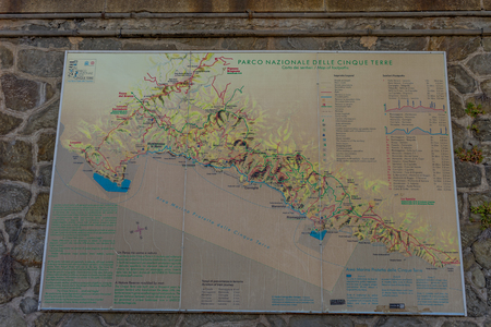 Monterosso, Cinque Terre, Italy - 26 June 2018: Display board showing the fishing villages of cinque terre at Monterosso al mare, Cinque Terre, Italyのeditorial素材